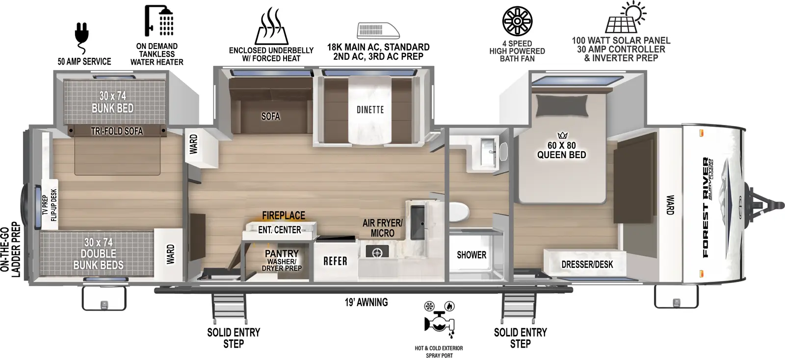 The Surveyor Camp Series 34CAMP floorplan has two entries and three slide outs. Exterior features include: fiberglass exterior and 21' awning. Interiors features include: bunk beds, front bedroom and pass through bathroom.